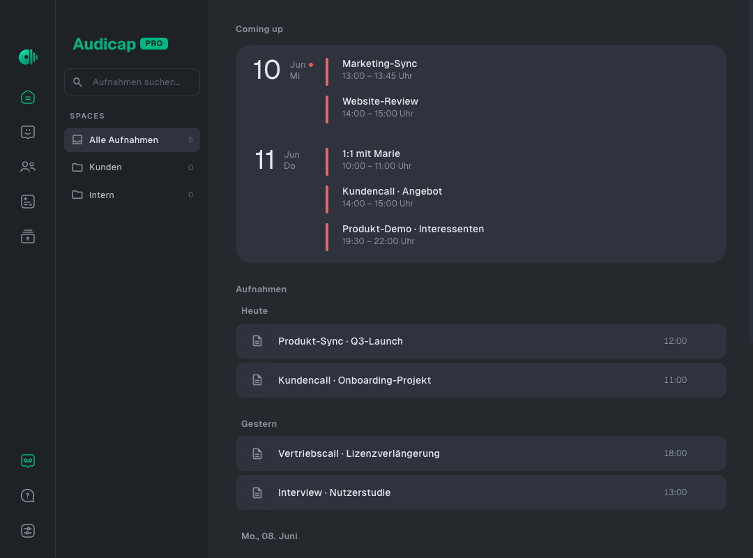 Audicap Startansicht: anstehende Termine und Aufnahmen-Archiv im Darkmode